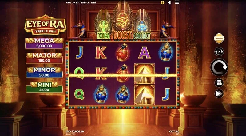 Eye of Ra Triple Win - หน้าจอเกมหลักที่มีห้าวงล้อ